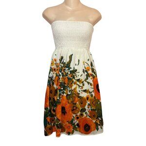 Cristinalove Strapless Floral Tube Dress Small Smocked Bodice Cream Orange Green